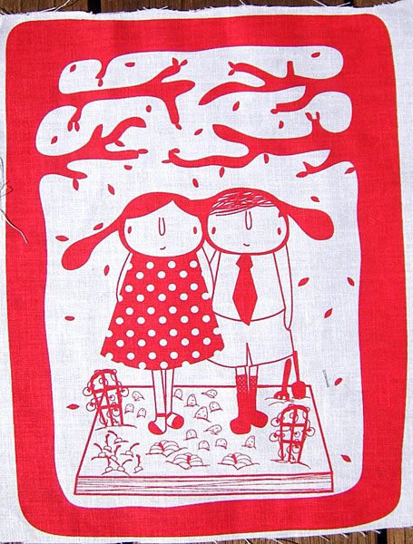 In The Garden Red linen print by Aunty Cookie In The Garden Red linen print by Aunty Cookie