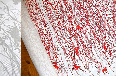 Aunty Cookie Limited Edition Trinkets Screen Printed Fabric in red and light grey on white cotton drill Aunty Cookie Limited Edition Trinkets Screen Printed Fabric in red and light grey on white cotton drill