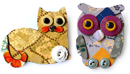 Claude Pussycat and Orlando Owl Lino Badges by Betty Jo Designs