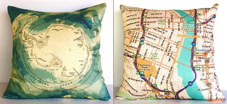 Antarctica and Portland Oregon vintage map cushions by Bearded Pigeon Antarctica and Portland Oregon vintage map cushions by Bearded Pigeon
