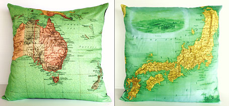 Australia and Japan vintage map cushions by Bearded Pigeon Australia and Japan vintage map cushions by Bearded Pigeon