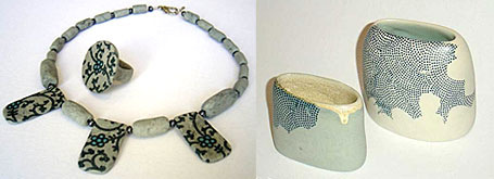 Porcelain necklace, ring and vessels by Klei