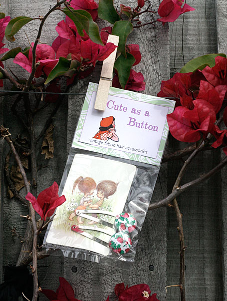 Cute as a Button - Vintage Fabric strawberries hair clips by Lark Cute as a Button - Vintage Fabric strawberries hair clips by Lark