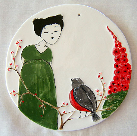 Bird Song 14.5cm Ceramic Disk by Linogirl Bird Song 14.5cm Ceramic Disk by Linogirl