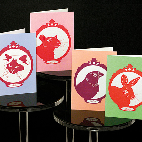 Non-Fiction Family Portrait greeting cards - Inka the Birman cat, George the rat, Arthur the zebra finch and Henry the rabbit Non-Fiction Family Portrait greeting cards - Inka the Birman cat, George the rat, Arthur the zebra finch and Henry the rabbit