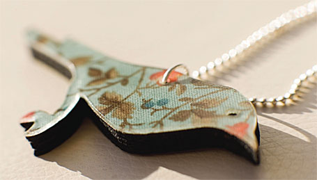 Fabric, resin & wood Indigo Bunting Bird Pendant by Shonah Jewellery Design Fabric, resin & wood Indigo Bunting Bird Pendant by Shonah Jewellery Design