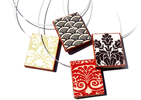 Fabric & wood Rectangle Pendants by Shonah Jewellery Design Fabric & wood Rectangle Pendants by Shonah Jewellery Design