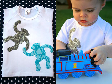 Monkey Business Blue appliqued t-shirt by Tees 2 Knees - modeled here by Finn