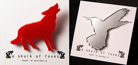 Wolf red acrylic brooch and Hummingbird mirror acrylic brooch by Melbourne designer Natalie Cirillo of A Skulk of Foxes Wolf Red Acrylic Brooch and Hummingbird Mirror Acrylic Brooch by Melbourne designer Natalie Cirillo of A Skulk of Foxes