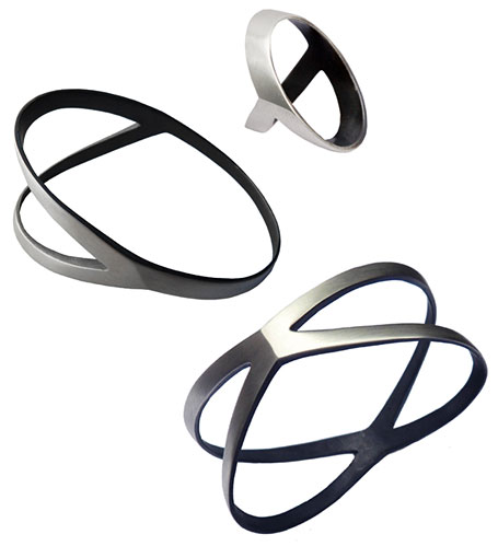 Orbit bangle and ring, and Shadow bangle by Sydney jewellery designer Bilingual Orbit bangle and ring, and Shadow bangle by Sydney jewellery designer Bilingual