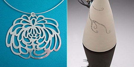 Work by exhibitors at Canberra's Handmade Market - left, jewellery by Sinead Buckney, and right, ceramic piece by Joanne Searle & Lia Tajcnar Work by exhibitors at Canberra's Handmade Market - left, jewellery by Sinead Buckney, and right, ceramic piece by Joanne Searle & Lia Tajcnar