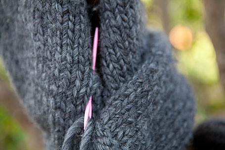 Two halves stitched together - KnitKnit Hooded Scarf knitting project Two halves stitched together - KnitKnit Hooded Scarf knitting project