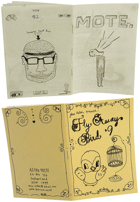 Cover of MOTE zine and cover of Fly Away Bird zine Cover of MOTE zine and cover of Fly Away Bird zine