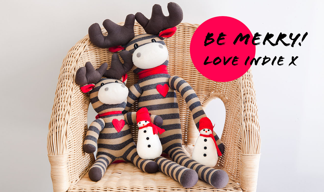 Christmas Moose and Snowman softies, with text Be Merry, love indie x