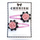 Pink & Black Rose Hair Clips by Cherish Vintage Treasures