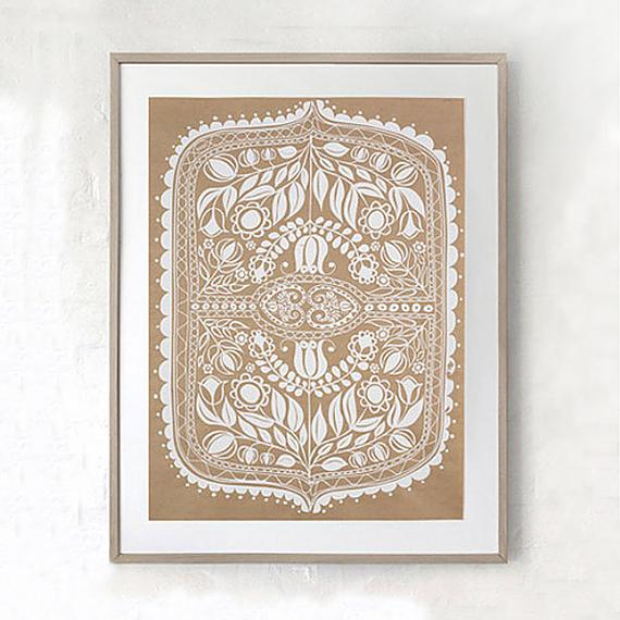 Polish Folk Art Floral Screen Print - White on Natural Kraft Paper