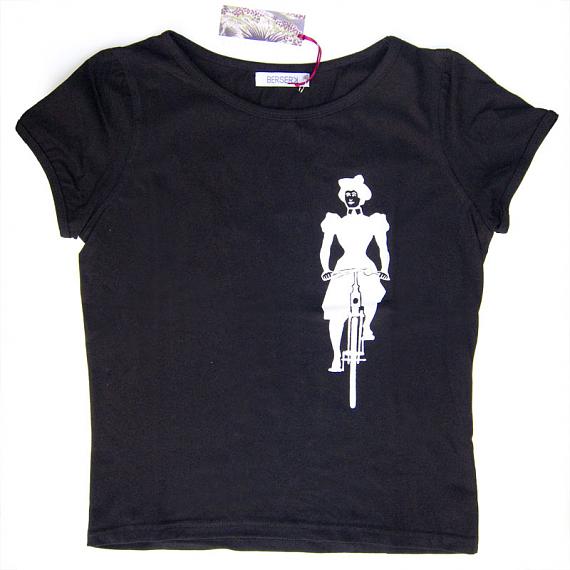 Black Tee with white Vintage Bicycle Print - front, by Berserk