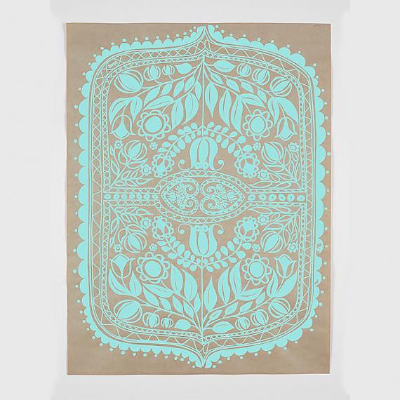 Polish Folk Art Floral Screen Print - Teal on Natural Kraft Paper - made in Sydney by laikonik