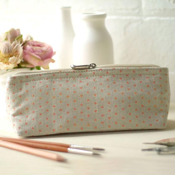 Linen Pencil Case - Pink Triangle Print