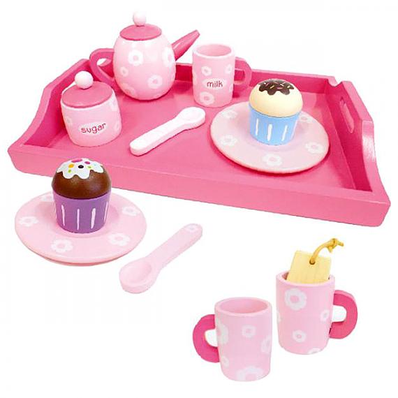 17 Piece Pink Wooden Afternoon Tea Set with Tray designed in Australia by Fun Factory