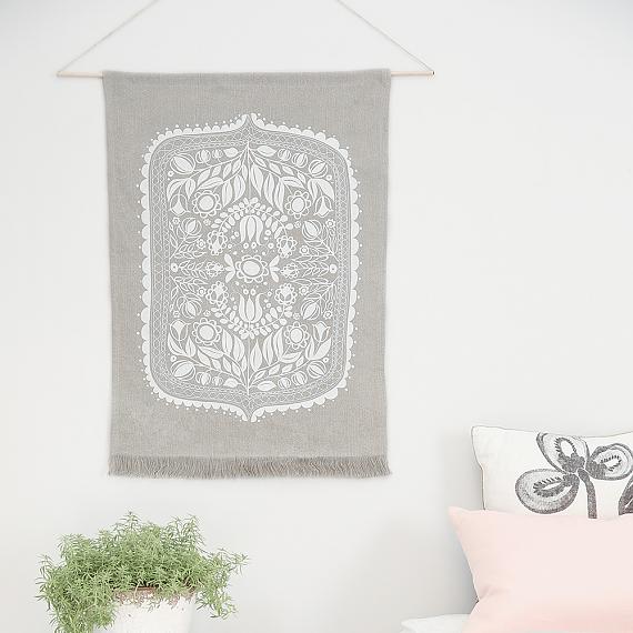 Polish Folk Art Floral Screen Print - White on Pure Linen Wall Hanging - made in Sydney by laikonik