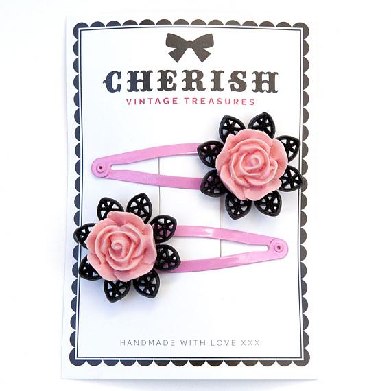 Pink & Black Rose Hair Clips by Cherish Vintage Treasures