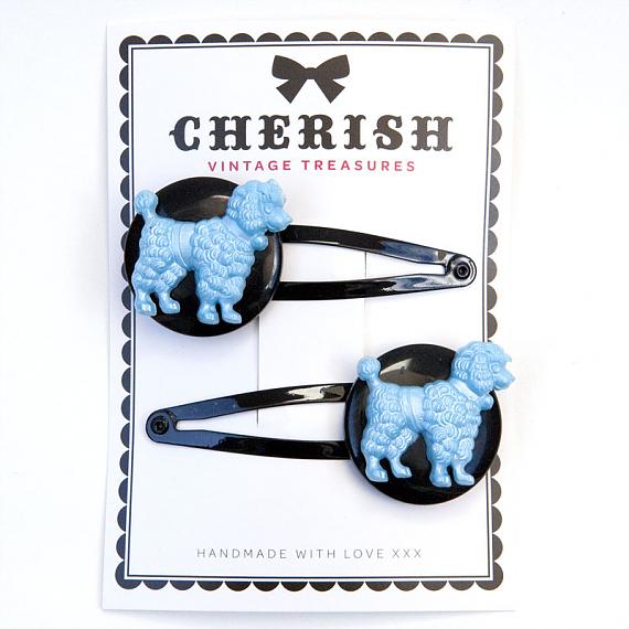 Metallic Blue & Black Poodle Hair Clips by Cherish Vintage Treasures