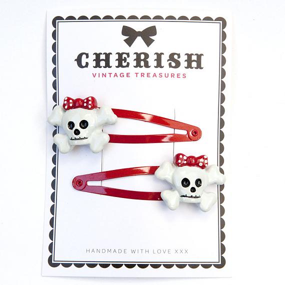 Red & White Skull Hair Clips by Cherish Vintage Treasures