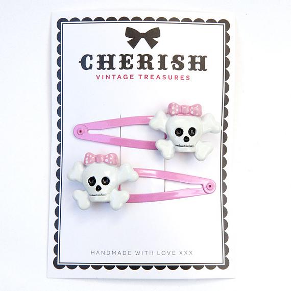 Pink & White Skull Hair Clips by Cherish Vintage Treasures