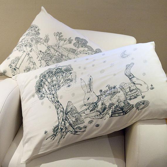 Bunny & Treehouse Pillow Case Set - Blue on Cream by Sunday Morning Designs