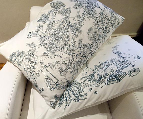 Bunny & Treehouse Pillow Case Set - Blue on Cream by Sunday Morning Designs