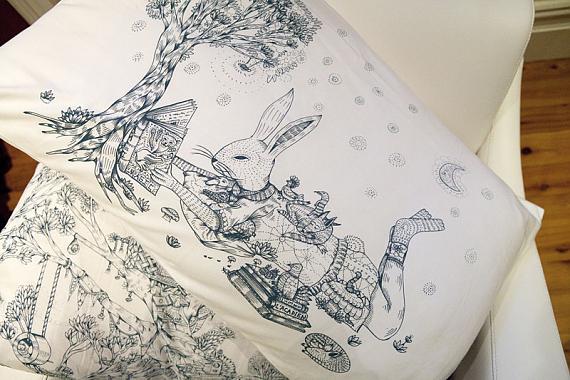 Bunny & Treehouse Pillow Case Set - Blue on Cream by Sunday Morning Designs