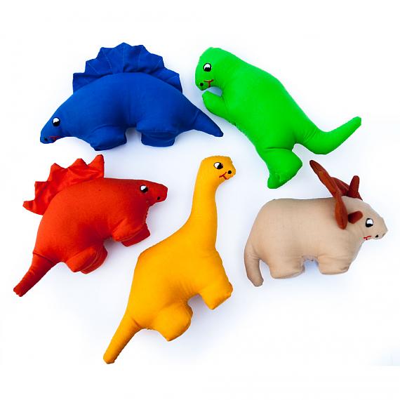  5 dinosaur softies which belong with Growing World's Dinosaur Bag - designed in Australia