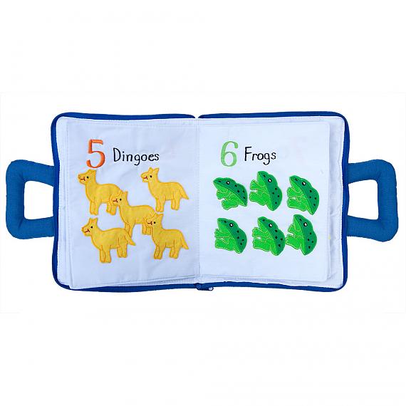 Australian Counting Book Bag - Soft Activity Book - Pages 5 Dingoes and 6 Frogs - designed in Australia by Growing World