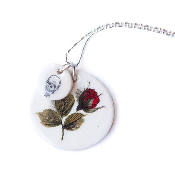 Red Rose and Skull Necklace by Iggy and Lou Lou