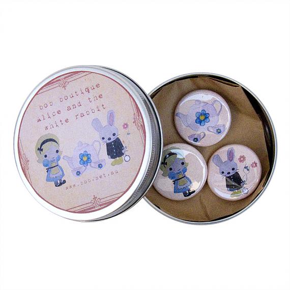 Alice and Rabbit Badges in Tin by Bob Boutique