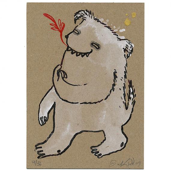 Bear Monster Handpainted Gocco on Kraft by benconservato