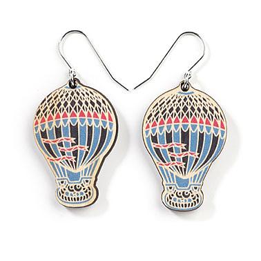 Wooden Hot Air Balloon Earrings Blue Multicolour indie art design