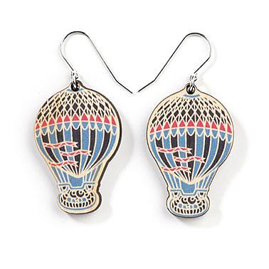 Wooden Hot Air Balloon Earrings - Blue Multicolour by Polli