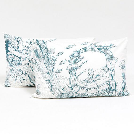 Dolphin & Turtle Pillow Case Set - Blue on Cream by Sunday Morning Designs
