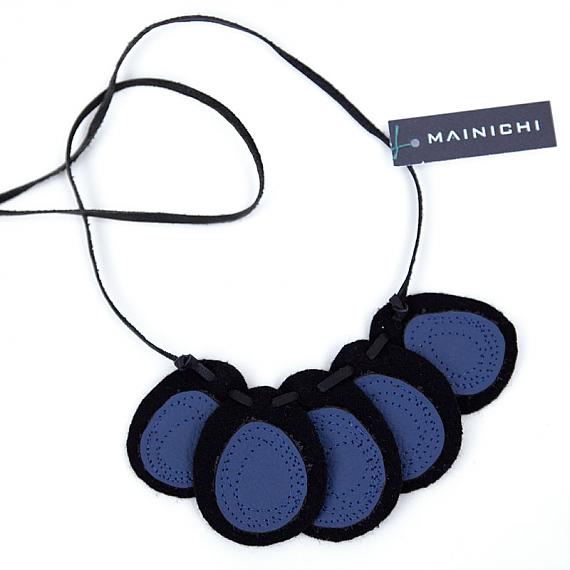 Nuimasu Recycled Leather & Wool Stitched Necklace - Black & Blue by Mainichi