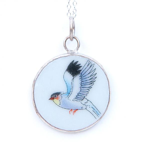 Blue Bird Round Vintage Crockery Necklace by Bird of Play