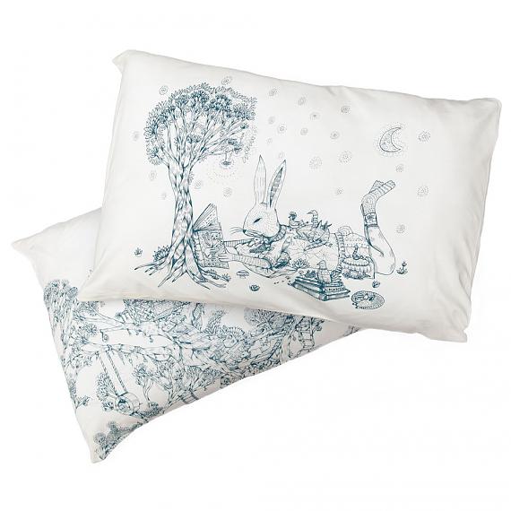 Bunny & Treehouse Pillow Case Set - Blue on Cream by Sunday Morning Designs