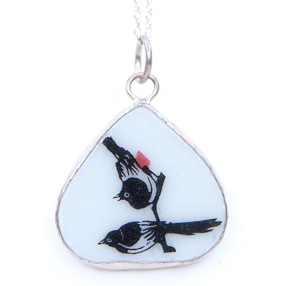 Black and White Birds Teardrop Vintage Crockery Necklace by Bird of Play