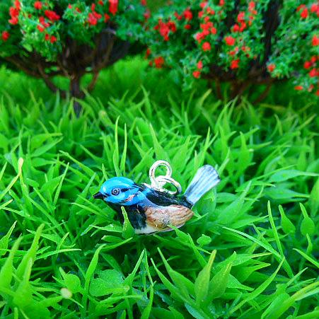 Blue Fairy Wren Pendant on Silver Chain by Meow Girl