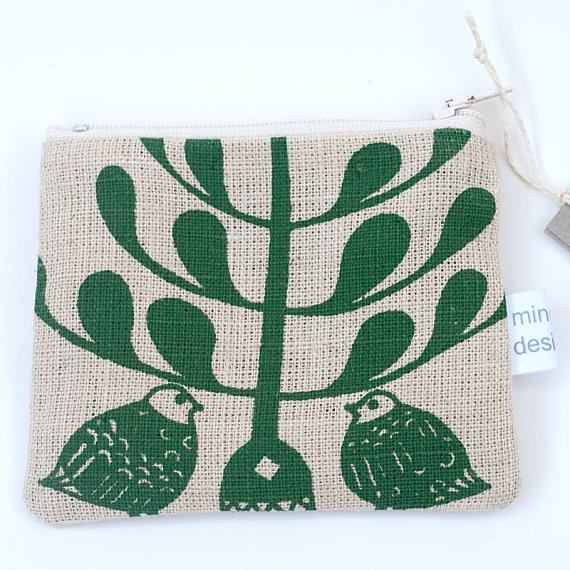 Lovebirds Flat Purse - Green on Natural by Mingus