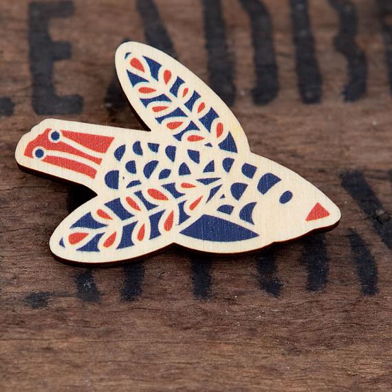 Flock Wooden Brooch - Red & Blue by Polli