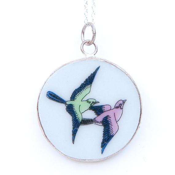 Green and Pink Birds in Flight Vintage Crockery Necklace by Bird of Play