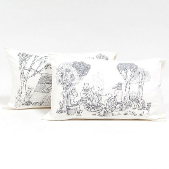 Campfire & Camping Pillow Case Set - Grey on Cream by Sunday Morning Designs
