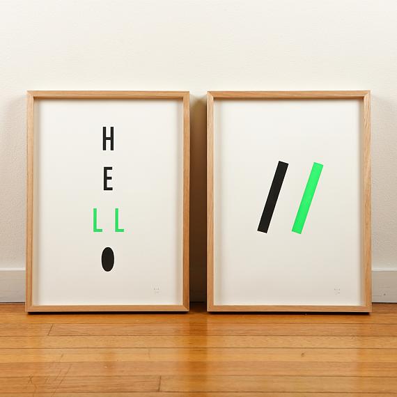 Green Neon Geometric and Typographic Limited Edition Screen Prints on Paper handmade in Australia by me and amber